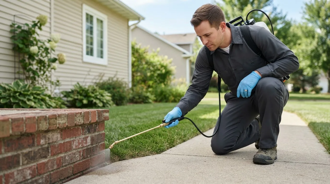 Pest control technician treating a home near Burlington, MA
