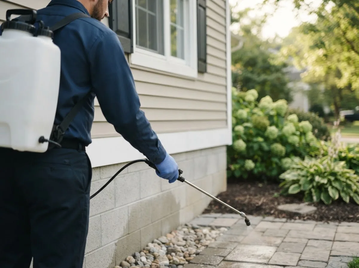 Pest control technician inspecting a home in Burlington, MA